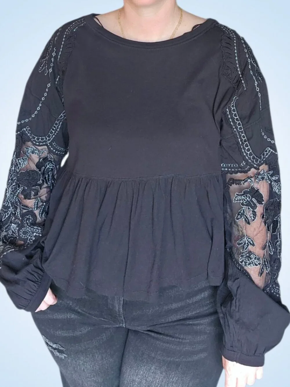 Free People Penny Tee Black Embroidered Sleeve Babydoll Top XS
